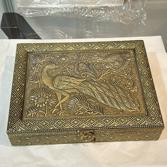 Golden peacock handcrafted wooden box 8.75”x6.75” - Picture 2 of 5